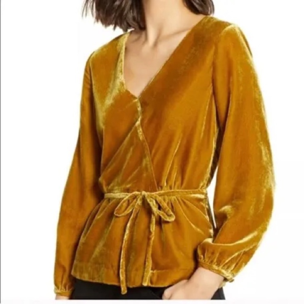 J.Crew Gold Velvet Wrap Long Sleeve Top - Picture 1 of 4